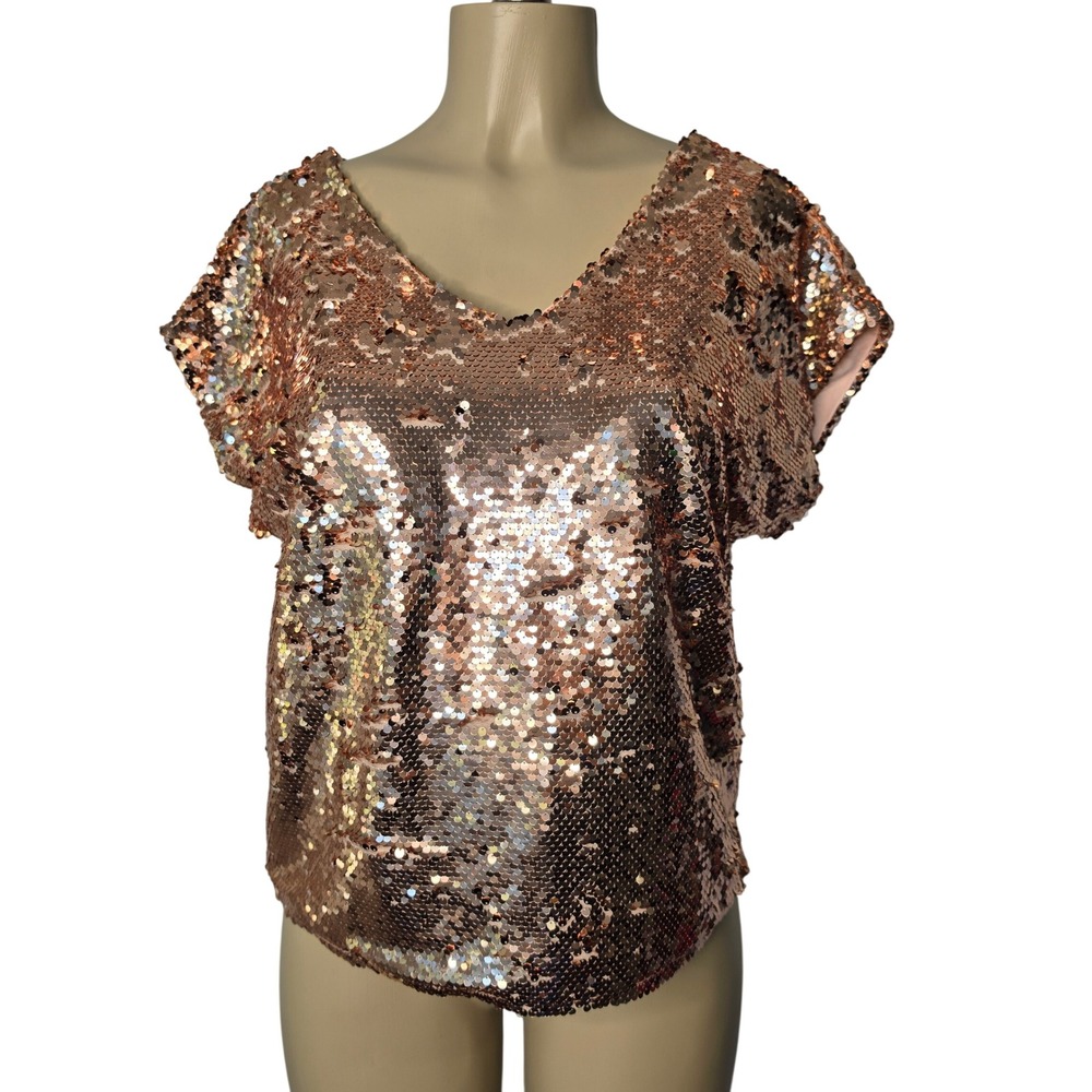 Lavish Top Womens M Rose Gold Sequin V-Neck Chain Back Party Blouse NYE Club